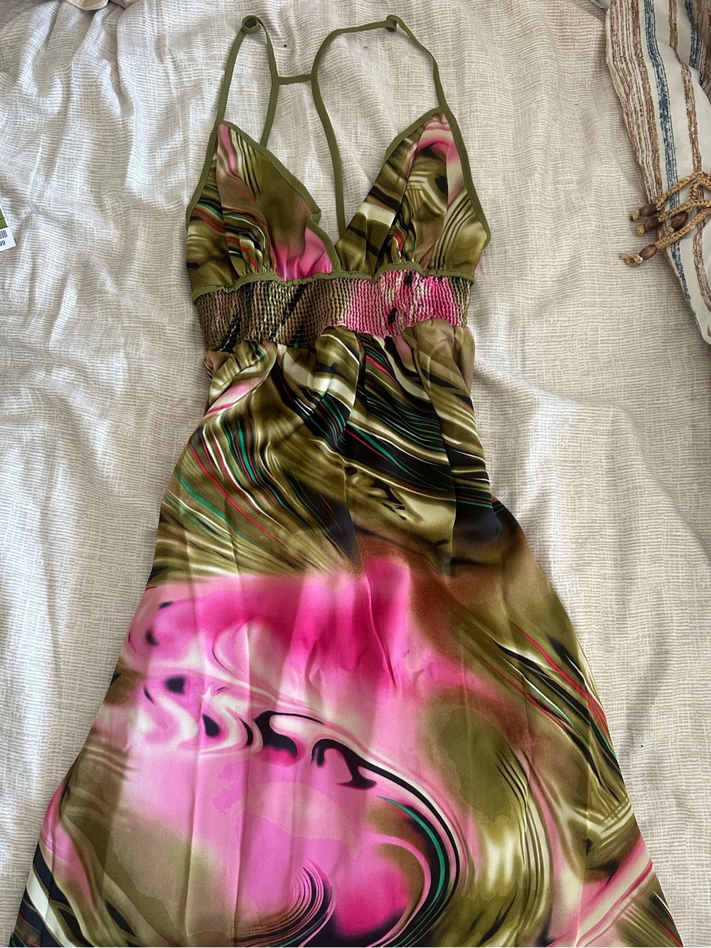 BCBGMaxAzria Olive and Hot Pink Marble-Print Midi Dress